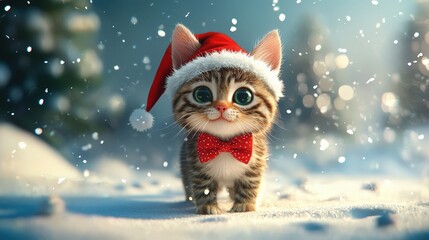 Festive Kitten Wearing Santa Hat in Snowy Winter Wonderland