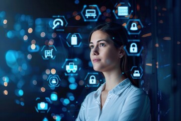 Professional businesswoman standing by a digital interface with logistics and security icons, representing supply chain management and data security.