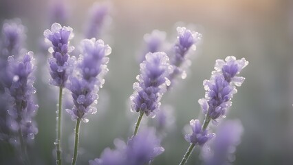 Naklejka premium Soft lavender flowers covered in morning dew with soft lighting, AI Generated