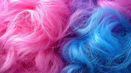 Fototapeta premium Colorful strands of pink and blue fibers create vibrant, playful texture. soft, fluffy appearance evokes sense of whimsy and fun, perfect for creative projects