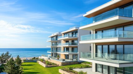 Modern beachfront apartment building with large windows and balconies offering stunning ocean views.