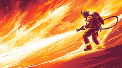 Firefighter vector in dynamic action, rescuing with hose, surrounded by flames, bold lines capturing the intensity of firefighting.