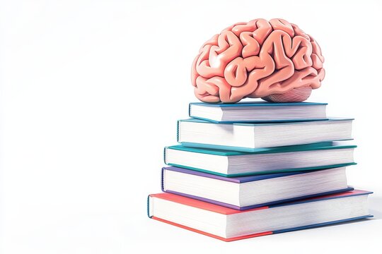A stack of colorful books with a brain model on top, symbolizing knowledge, learning, and education.