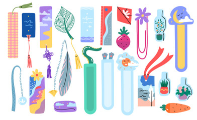 Cartoon Color Different Bookmarks Set Concept Flat Design Style. Vector illustration of Bookmark Decorative Book Separator