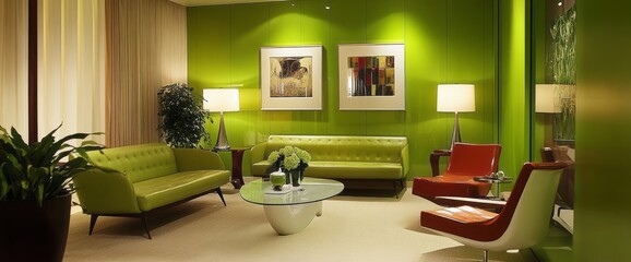 Green and Lime Living Room with Mid-Century Modern Furniture