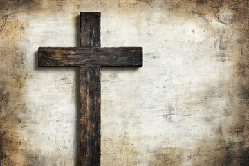 A weathered wooden cross hanging on a textured, aged wall, symbolizing faith, endurance, and simplicity in religious imagery.