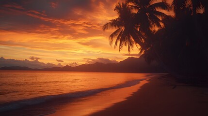 Obraz premium Silhouetted palm trees stand on a tropical beach at sunset.