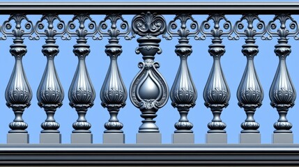 Fototapeta premium Classic balcony railing with detailed ironwork patterns, blank sky or wall background for copy