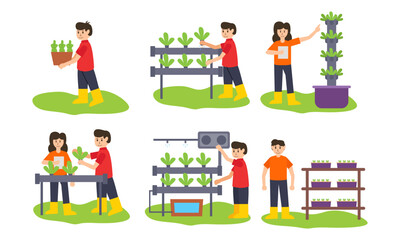 Growing plants in Laboratory aquaculture cultivation. Hydroponics, aeroponics, aquaponics. Smart farm concept. Set of flat cartoon vector illustrations with fictional characters