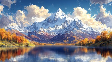 Obraz premium Majestic Snow-Capped Mountains Reflected in a Calm Lake Surrounded by Autumn Foliage and Vibrant Blue Skies with Fluffy Clouds for Scenic Nature Lovers and Photography Enthusiasts