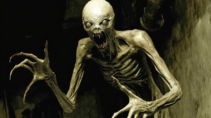 Scary monster emerging from darkness showing claws and teeth