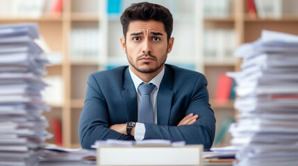 Obraz premium Stressed Business Professional Facing Risk Management Workload in Office