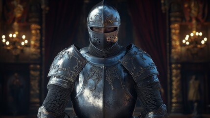 Medieval knight wearing full plate armor in ornate castle interior