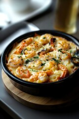 Shrimp and Cheese Dish in Black Dish on Wooden Coaster