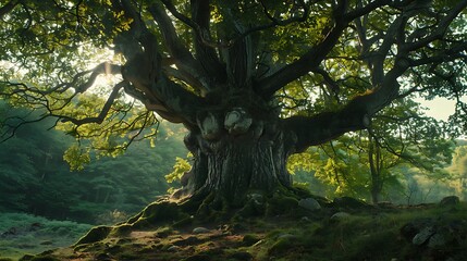 Fototapeta premium A majestic, ancient tree with sprawling branches and lush green leaves in a serene forest setting.