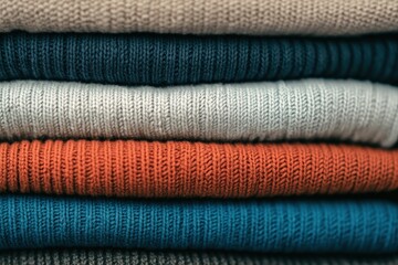 Stack of folded knitted sweaters in warm autumn colors