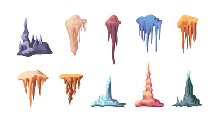 Cartoon Color Different Stalactite and Stalagmite Set Growing Mineral Formation Concept Flat Design Style. Vector illustration of Stalactites and Stalagmites