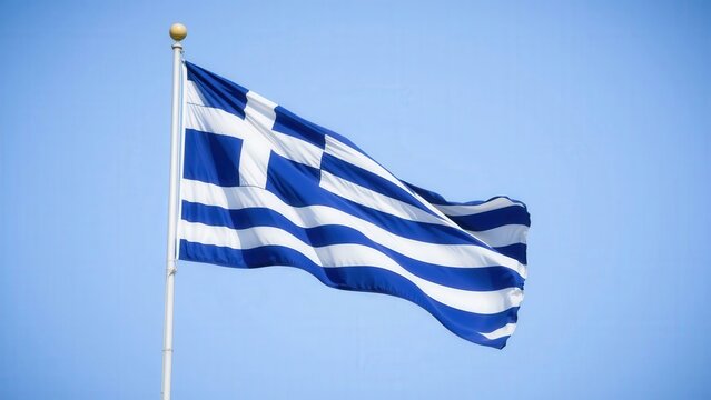 Greek Flag Flying High in Clear Blue Sky, Symbolizing National Pride and Unity, Perfect for Wall Art or Decorative Purposes