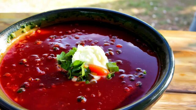 360-degree video of a steaming bowl of Ukrainian borscht with a vibrant beet color, filmed with natural light