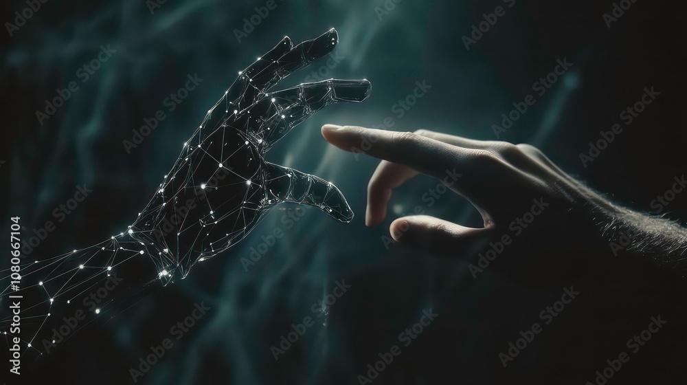 Aufkleber Human and AI Connection: Futuristic Interaction Between Human Hand and Digital AI Technology in a Dark Setting Representing Advanced Technology and Innovation