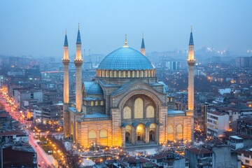 Obraz premium A stunning mosque illuminated at dusk, showcasing intricate architecture and cultural significance.