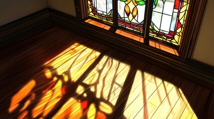 Classic tall window with detailed stained glass art in rich tones, ornate border, sunlight casting shadows, and room for copy