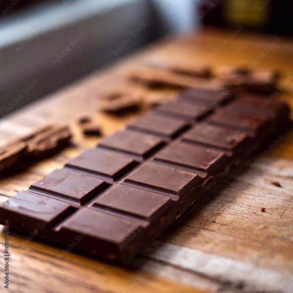 Wall mural An aerial shot of a bar of chocolate, with the bar in sharp focus and the background gently fading into a blurred backdrop, emphasizing its rich and fudgy texture