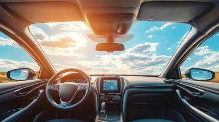 A view from inside a car looking out the windshield, with a bright, blue sky and white clouds overhead.