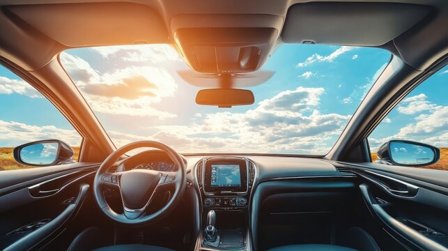 A view from inside a car looking out the windshield, with a bright, blue sky and white clouds overhead.