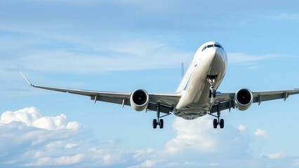 Obraz premium Captivating Airplane in Flight: Perfect for Travel Ads, Aviation Enthusiasts, and Blue Sky Backgrounds