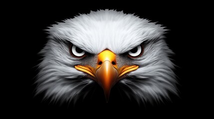 Majestic bald eagle against a black background, intense gaze, white feathers and sharp eyes creating a powerful presence.