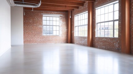 Bright Open-Plan Loft Office with Exposed Brick Walls and Expansive Windows