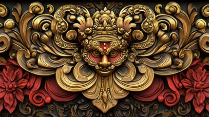 Intricate balinese mask carving with ornate floral patterns in gold and red tones