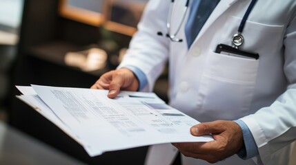 Doctor in a White Coat Holding Medical Charts and Reports in a Healthcare Environment with Stethoscope and Focus on Patient Care