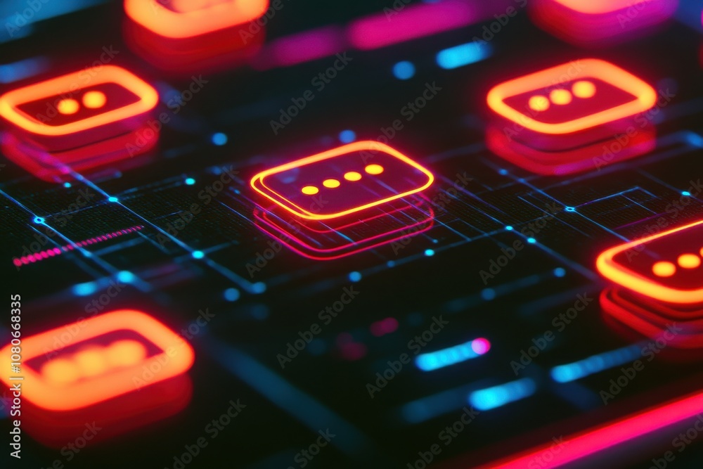 Aufkleber a vibrant digital interface featuring glowing chat icons on a dark background, representing modern c