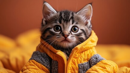 Naklejka premium Adorable tabby kitten wearing a yellow winter coat