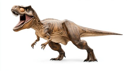 Fototapeta premium Mighty T-rex with open mouth and sharp teeth, roaring in a powerful stance, showing the fierce nature of the dinosaur.