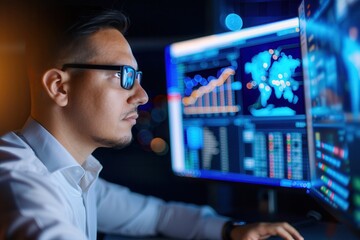 Side view of a focused data analyst in glasses reviewing global statistics and charts on multiple monitors, highlighting analysis and concentration.