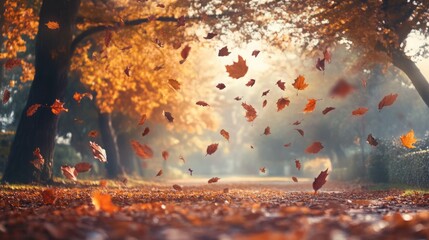 Autumn leaves gracefully falling in a sunlit park.