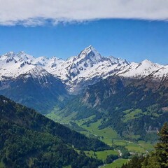 A full shot of a mountain range with eagle in sky at eye level, with snow-capped peaks and a lush valley below
