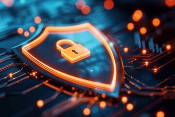 Close-up of an illuminated shield with a padlock icon over circuitry, representing cybersecurity, digital protection, and data encryption.