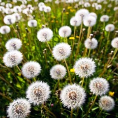 an extreme long shot, birds-eye-view image of a vast dandelion field. Utilize deep focus to capture the expansive field with countless dandelion seed heads in sharp detail, extending to the horizon wi