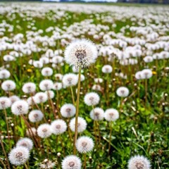 Obraz premium an extreme long shot, birds-eye-view image of a vast dandelion field. Utilize deep focus to capture the expansive field with countless dandelion seed heads in sharp detail, extending to the horizon wi