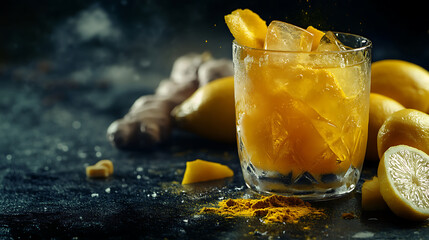 Ginger and turmeric wellness shot in a small glass with a lemon slice on white background