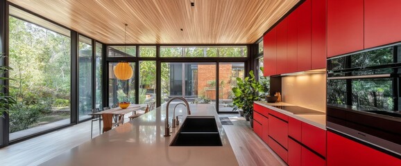 Modern Kitchen with Red Cabinets and a View of a Lush Backyard