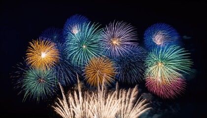 Fototapeta premium Colorful firework illumination on dark blue sky background for Happy New Year 2025