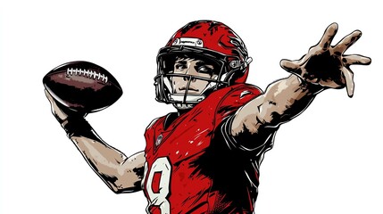a 2D cartoon illustration of a football quarterback throwing a pass, skilled and precise, white background--ar 16:9