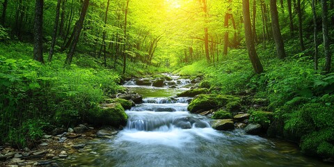 Obraz premium A scenic stream flows through a lush green forest with sunlight filtering through the trees.