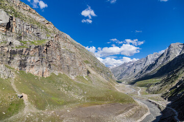 Beautiful view of himalayan mountain landscape at Jilang and chenab river in lahaul, gramphu-batal-kaza road himachal pradesh, India