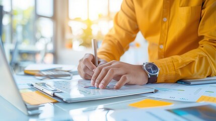 business professional analyzing financial data on charts with a pen in hand, in a modern office environment with natural light.